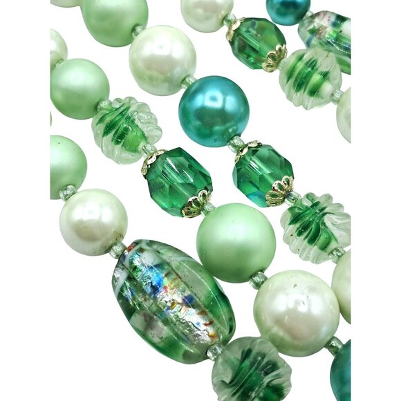 Vintage Foil Art Glass Beaded Necklace Earrings Japan Multi-Strand Set Signed Vi - Picture 6 of 12